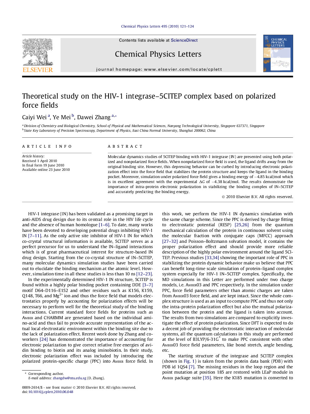 Theoretical study on the HIV-1 integrase-5CITEP complex based on polarized force fields