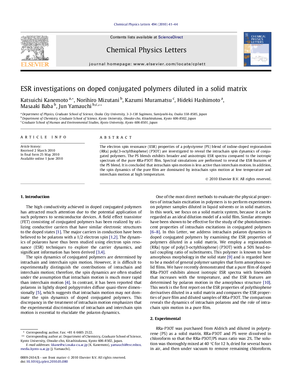 ESR investigations on doped conjugated polymers diluted in a solid matrix