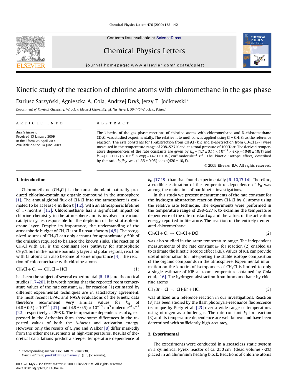 Kinetic study of the reaction of chlorine atoms with chloromethane in the gas phase