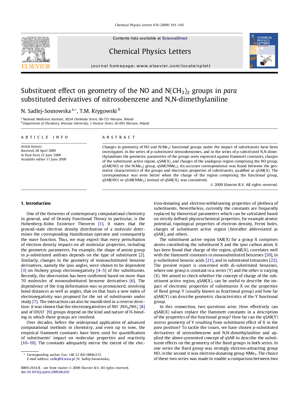 Substituent effect on geometry of the NO and N(CH3)2 groups in para substituted derivatives of nitrosobenzene and N,N-dimethylaniline