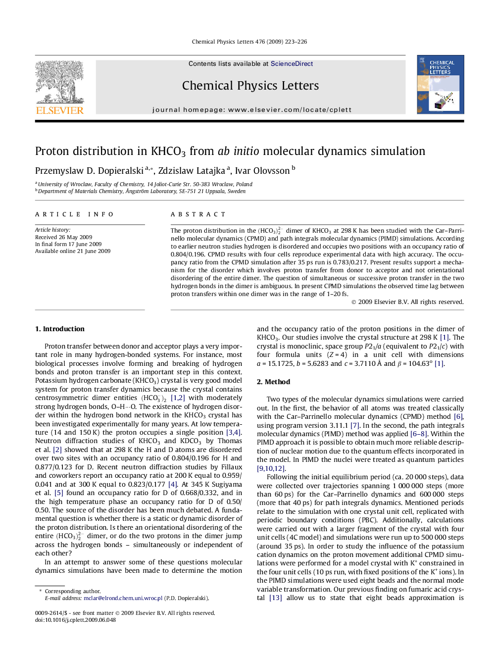 Proton distribution in KHCO3 from abinitio molecular dynamics simulation