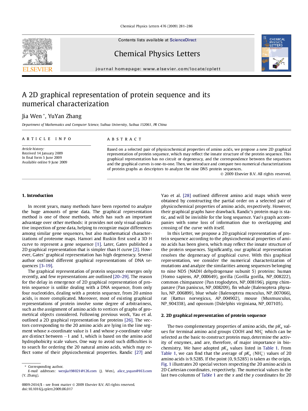 A 2D graphical representation of protein sequence and its numerical characterization