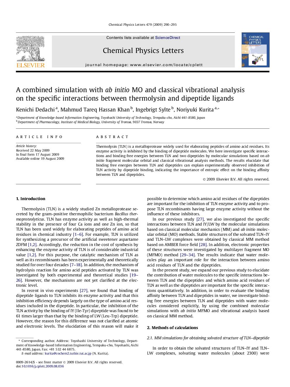 A combined simulation with ab initio MO and classical vibrational analysis on the specific interactions between thermolysin and dipeptide ligands