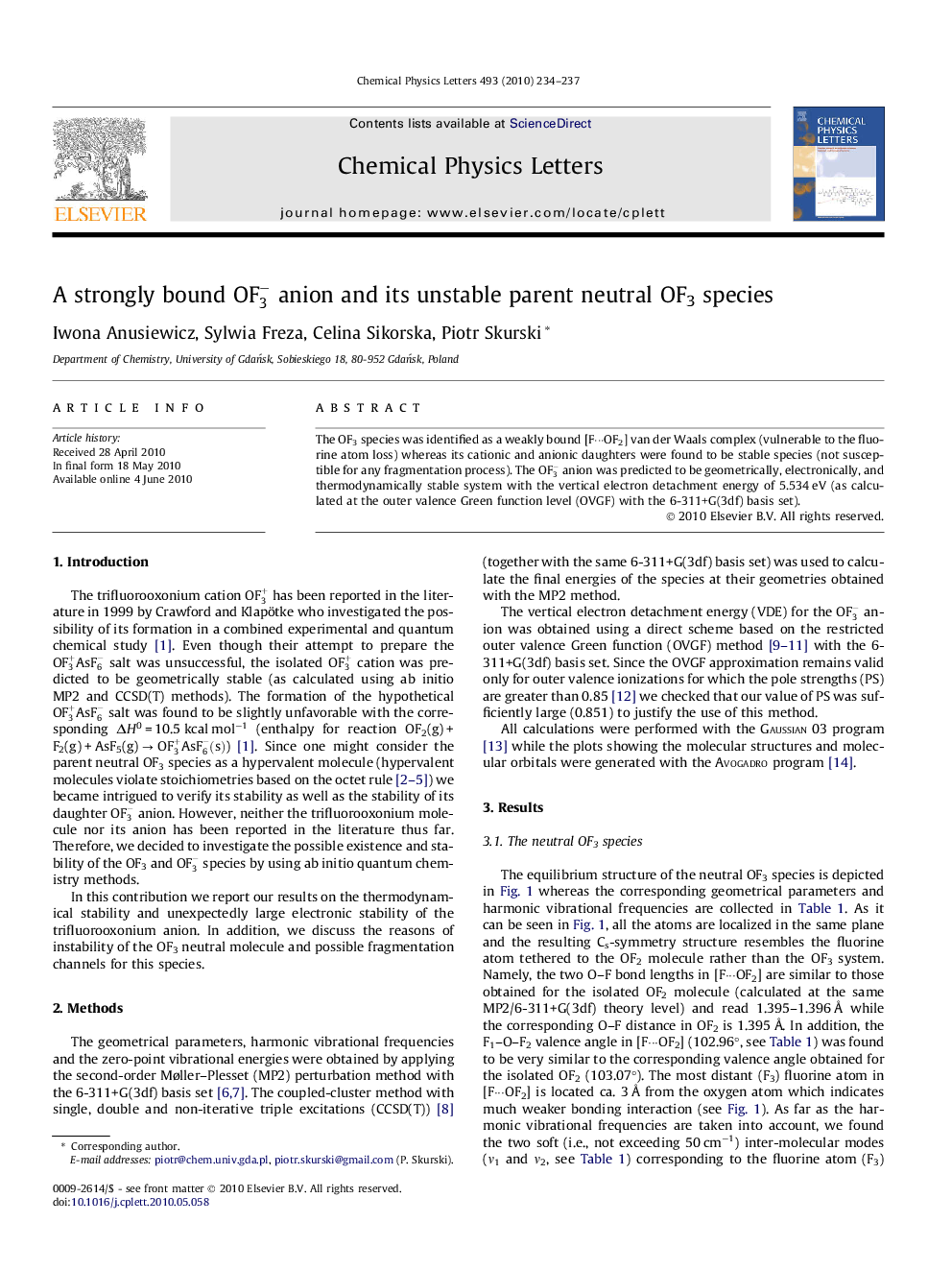 A strongly bound OF3- anion and its unstable parent neutral OF3 species