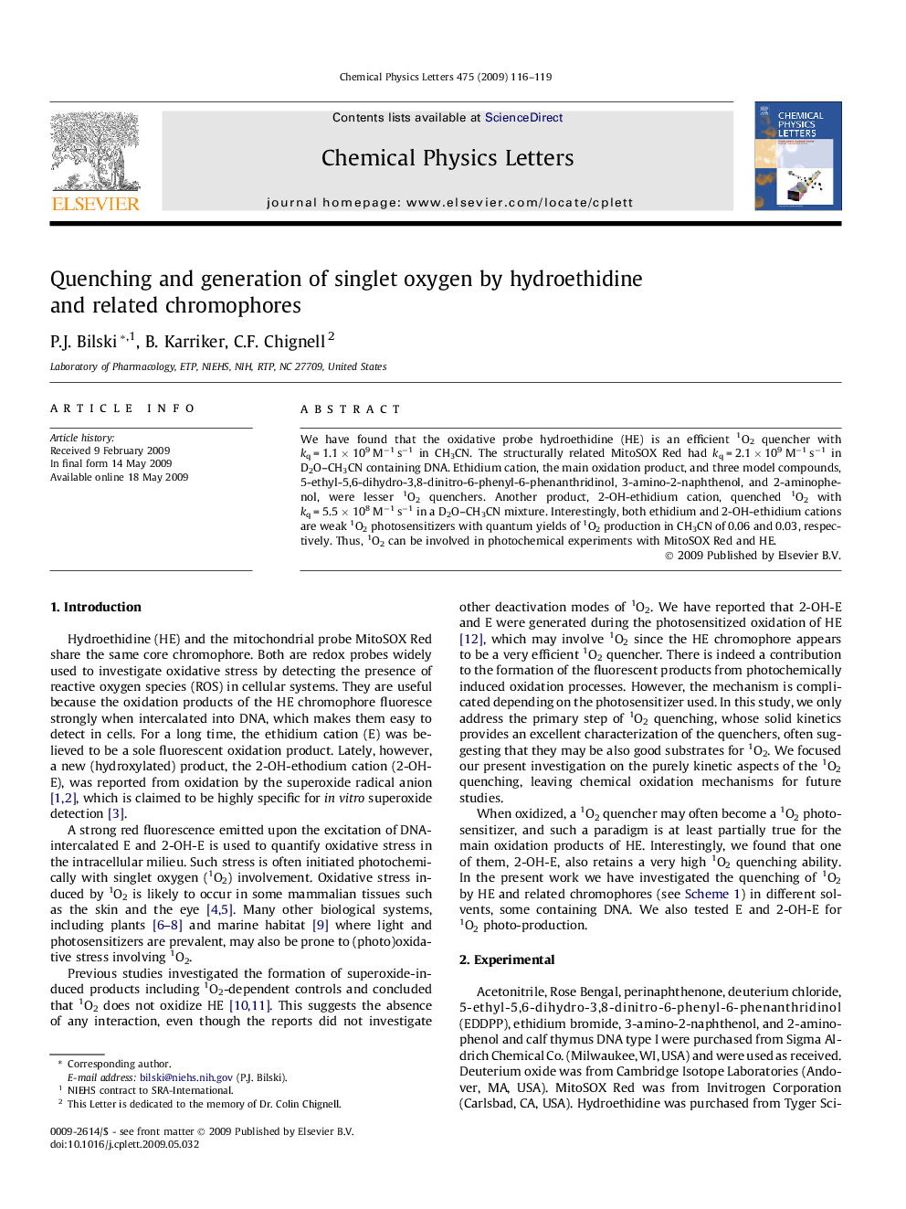 Quenching and generation of singlet oxygen by hydroethidine and related chromophores