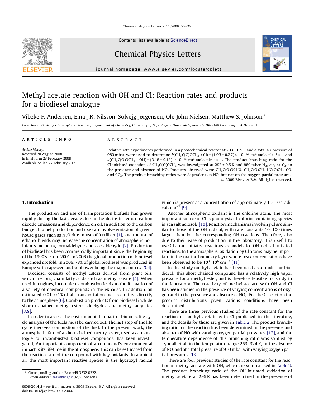 Methyl acetate reaction with OH and Cl: Reaction rates and products for a biodiesel analogue