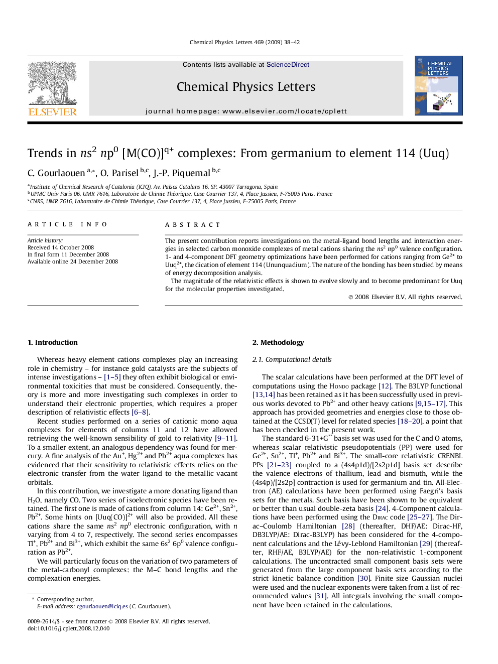 Trends in ns2np0 [M(CO)]q+ complexes: From germanium to element 114 (Uuq)