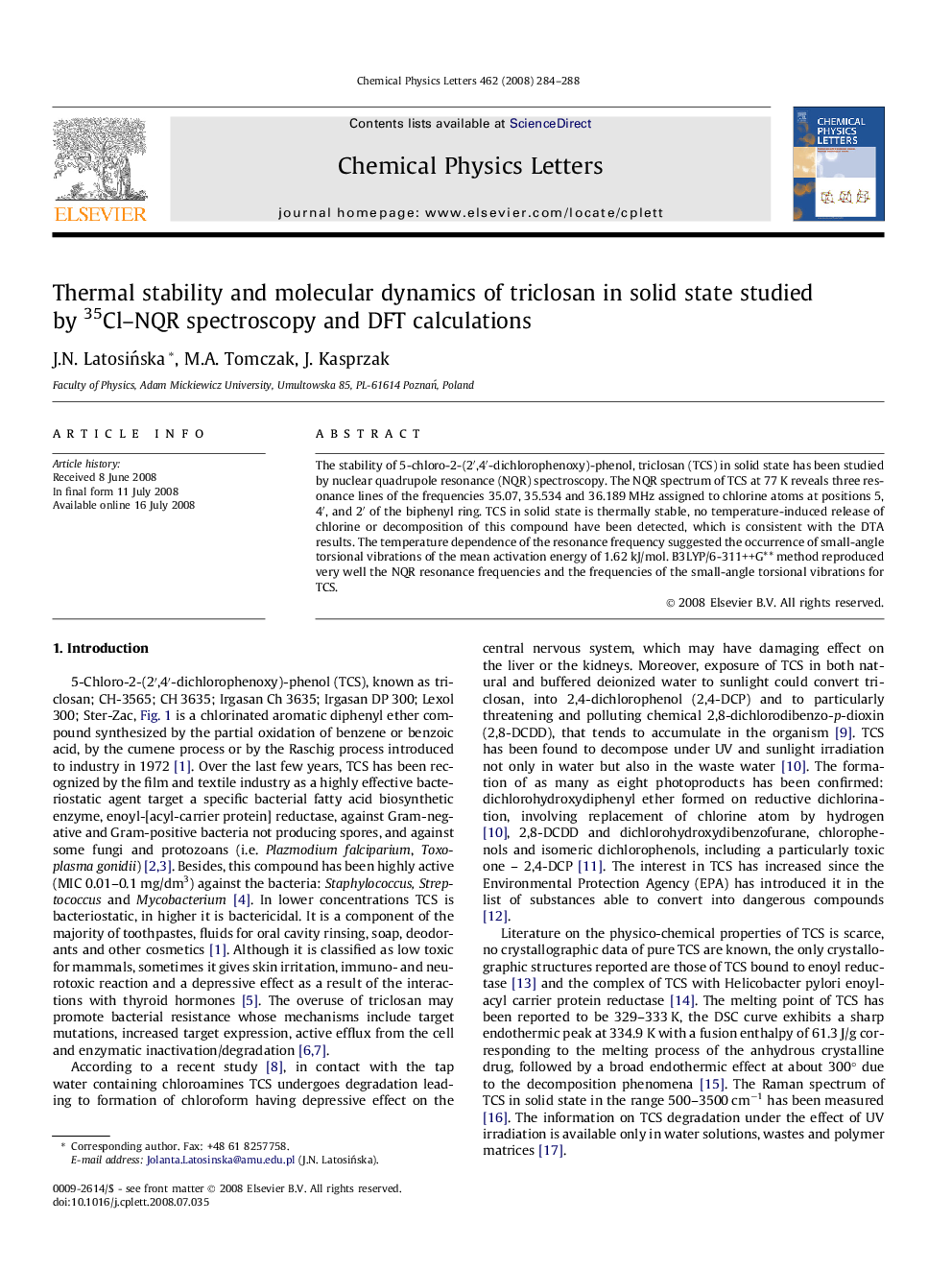 Thermal stability and molecular dynamics of triclosan in solid state studied by 35Cl-NQR spectroscopy and DFT calculations