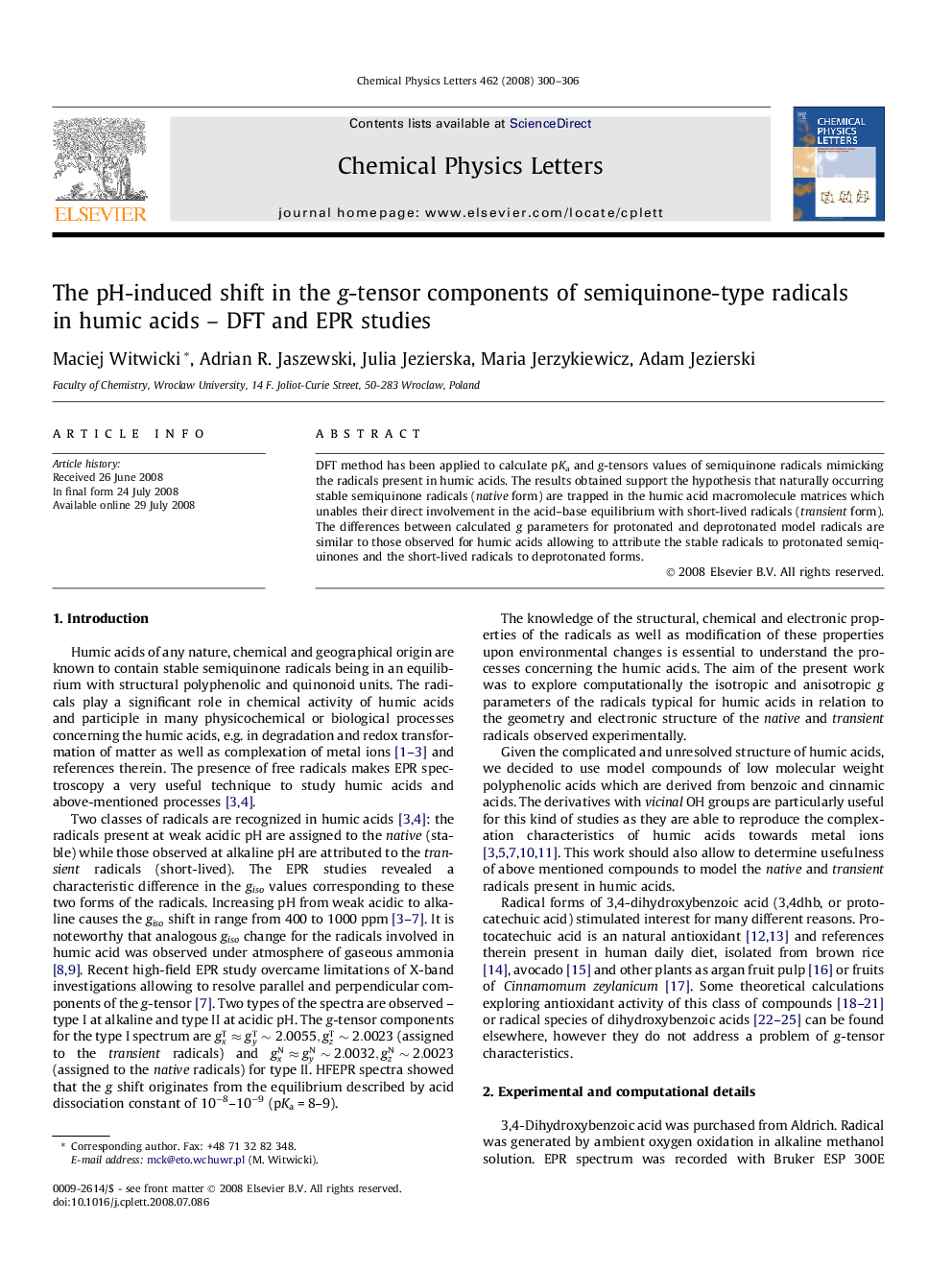 The pH-induced shift in the g-tensor components of semiquinone-type radicals in humic acids - DFT and EPR studies