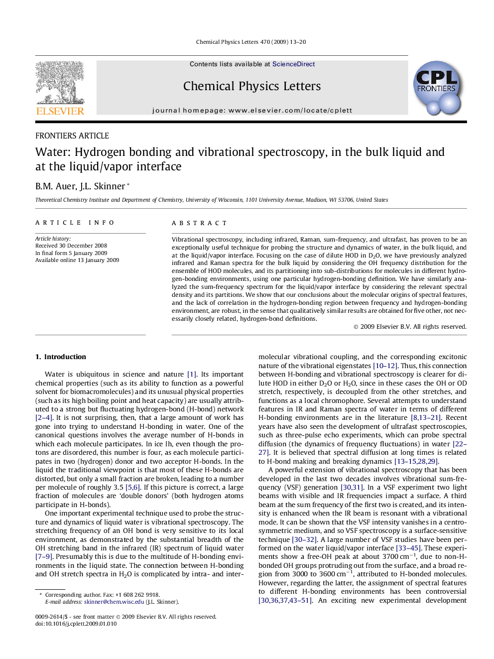 Water: Hydrogen bonding and vibrational spectroscopy, in the bulk liquid and at the liquid/vapor interface