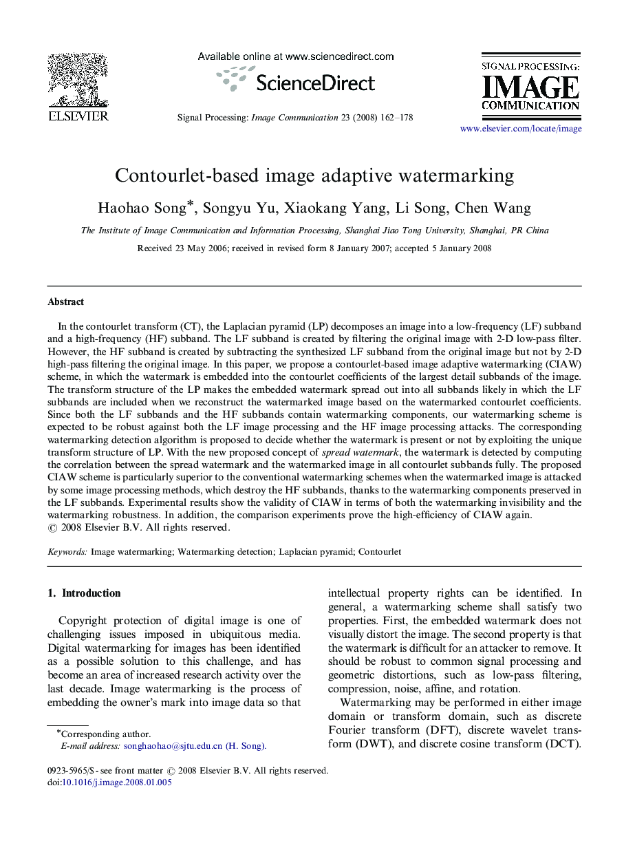 Contourlet-based image adaptive watermarking