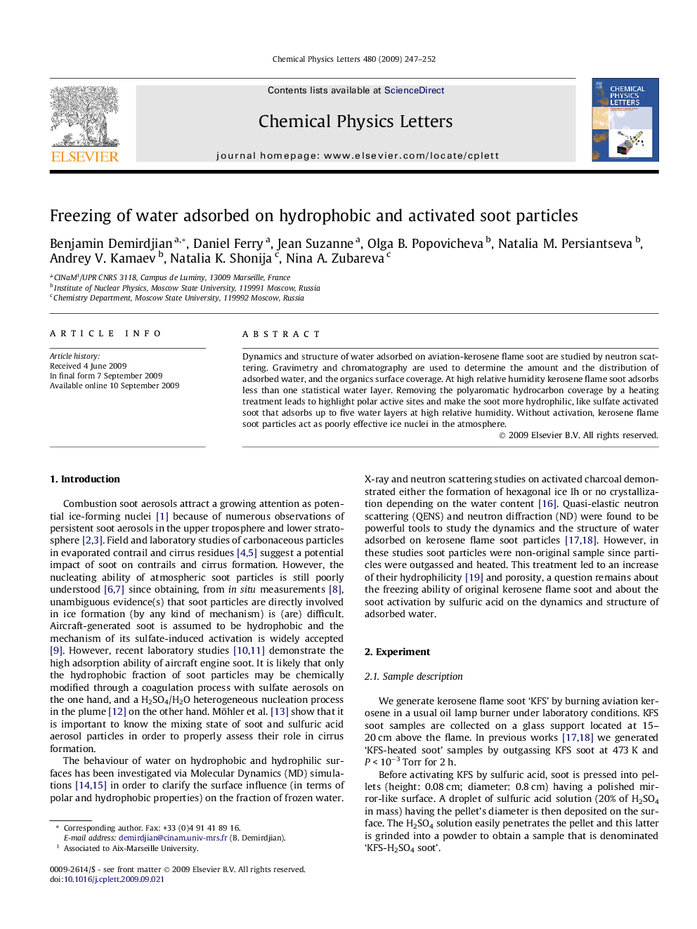 Freezing of water adsorbed on hydrophobic and activated soot particles