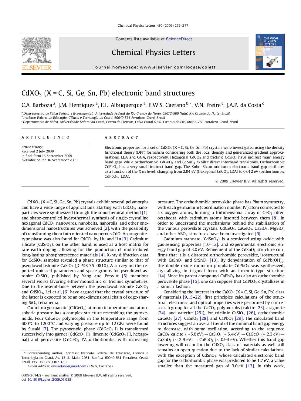 CdXO3 (XÂ =Â C, Si, Ge, Sn, Pb) electronic band structures
