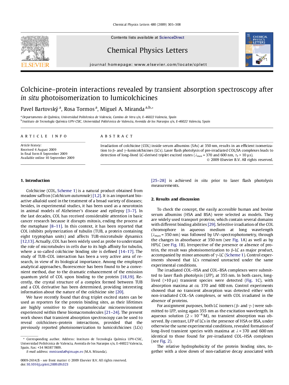Colchicine-protein interactions revealed by transient absorption spectroscopy after in situ photoisomerization to lumicolchicines