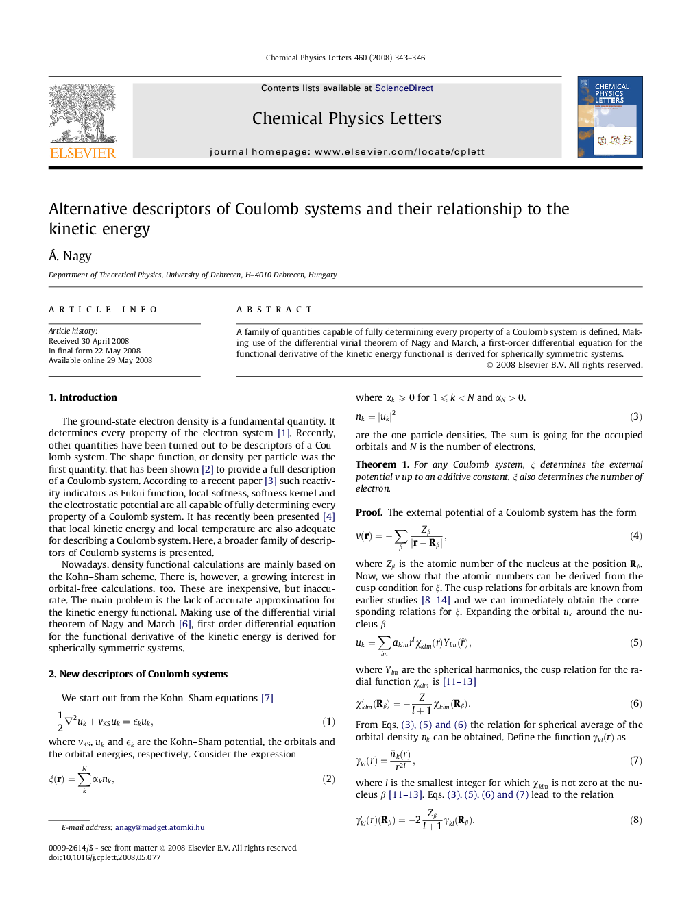 عکس صفحه اول مقاله: Alternative descriptors of Coulomb systems and their relationship to the kinetic energy Alternative descriptors of Coulomb systems and their relationship to the kinetic energy