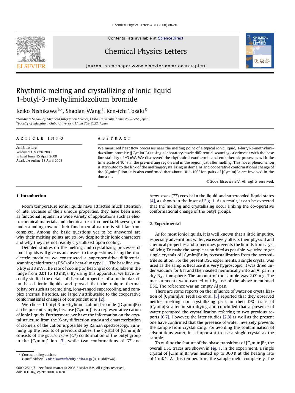 Rhythmic melting and crystallizing of ionic liquid 1-butyl-3-methylimidazolium bromide