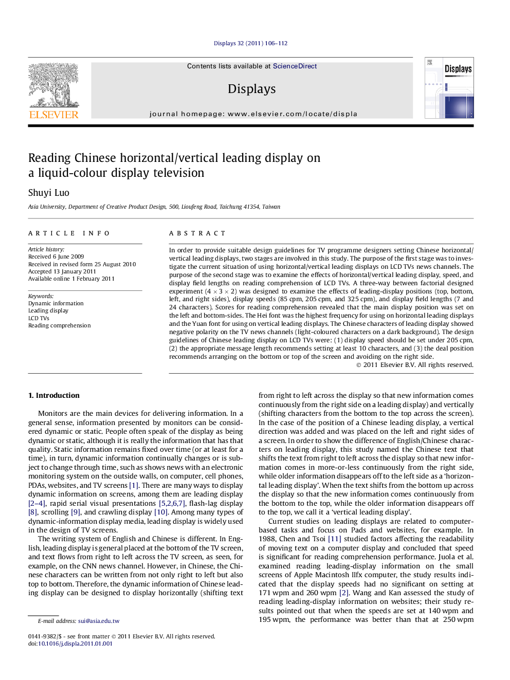 Reading Chinese horizontal/vertical leading display on a liquid-colour display television