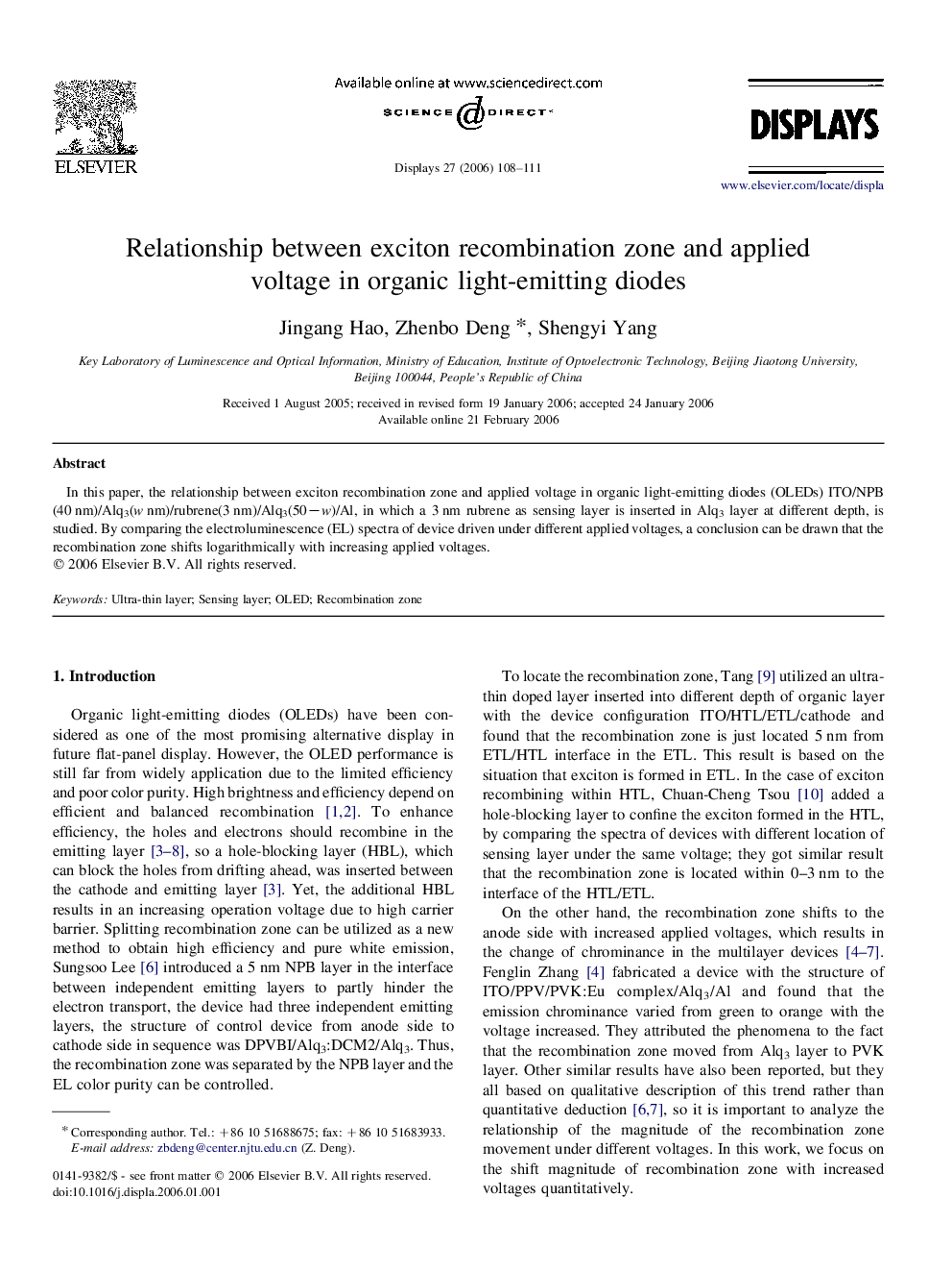 Relationship between exciton recombination zone and applied voltage in organic light-emitting diodes