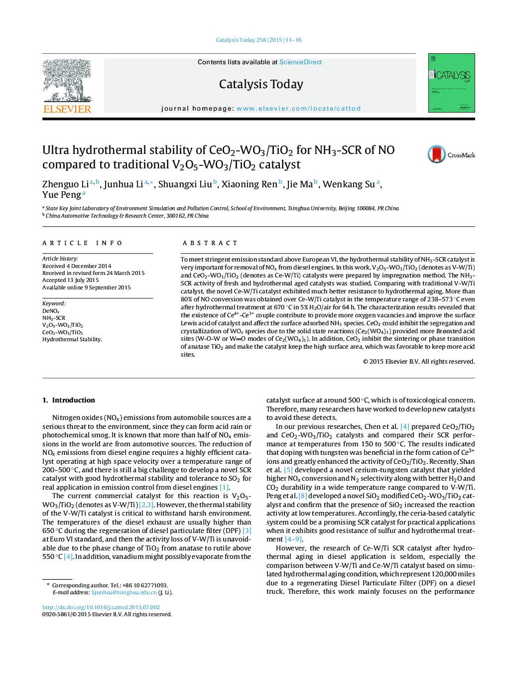 Ultra hydrothermal stability of CeO2-WO3/TiO2 for NH3-SCR of NO compared to traditional V2O5-WO3/TiO2 catalyst