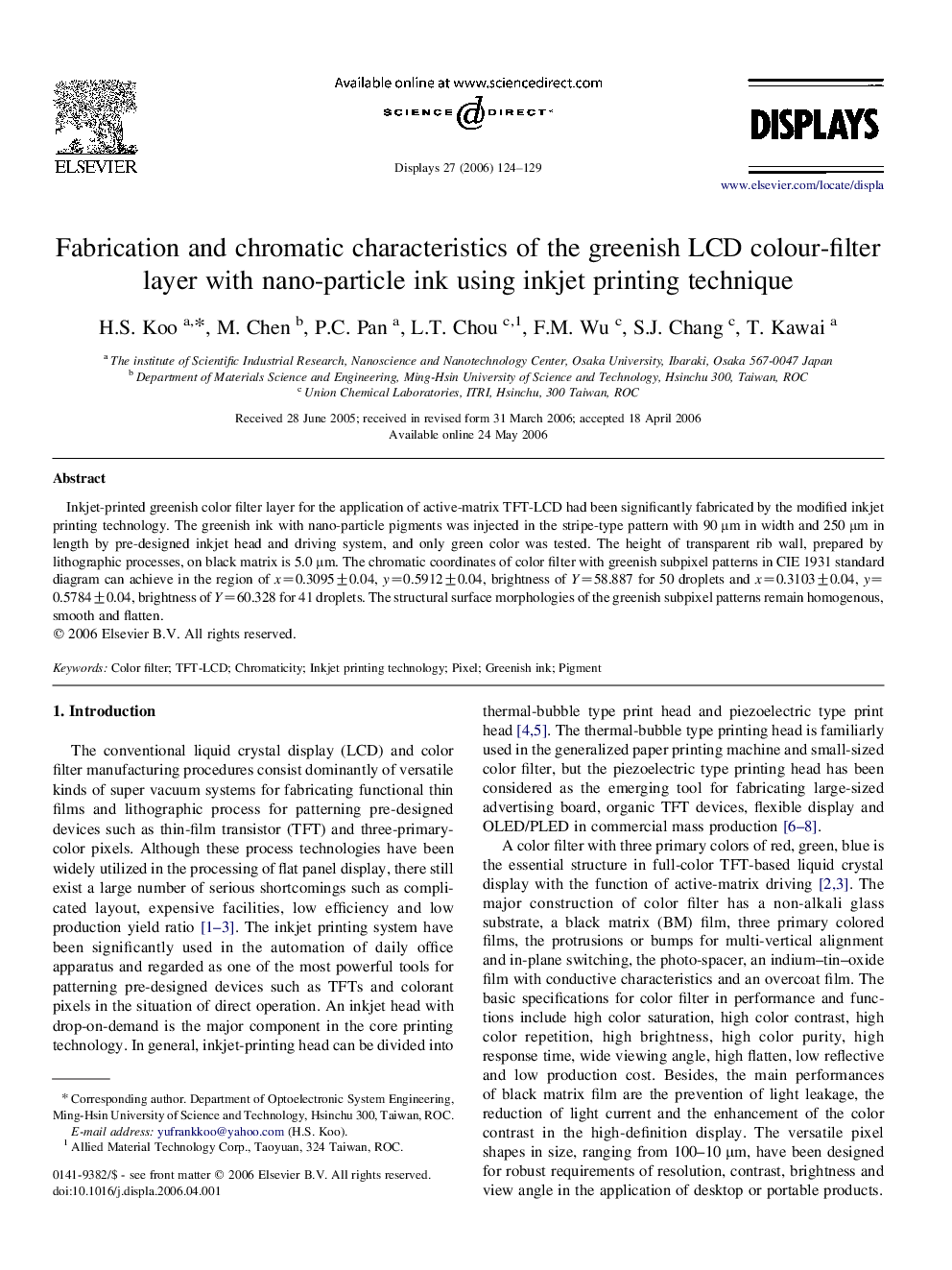 Fabrication and chromatic characteristics of the greenish LCD colour-filter layer with nano-particle ink using inkjet printing technique