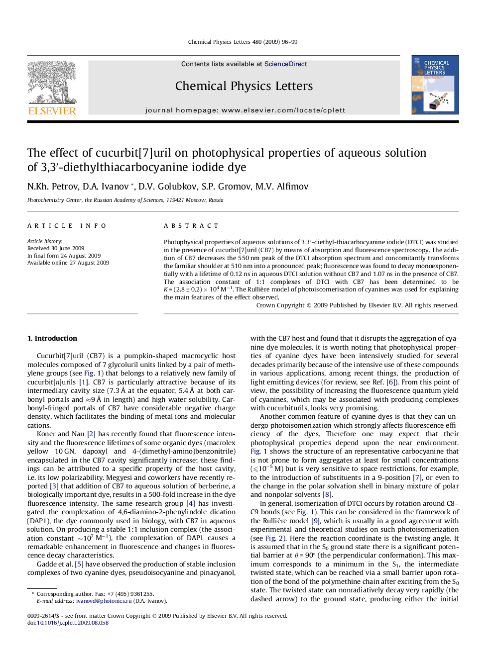 The effect of cucurbit[7]uril on photophysical properties of aqueous solution of 3,3â²-diethylthiacarbocyanine iodide dye
