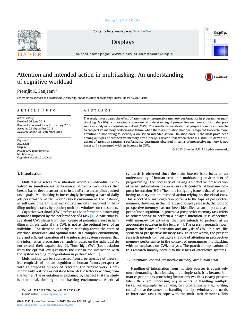 Attention and intended action in multitasking: An understanding of cognitive workload