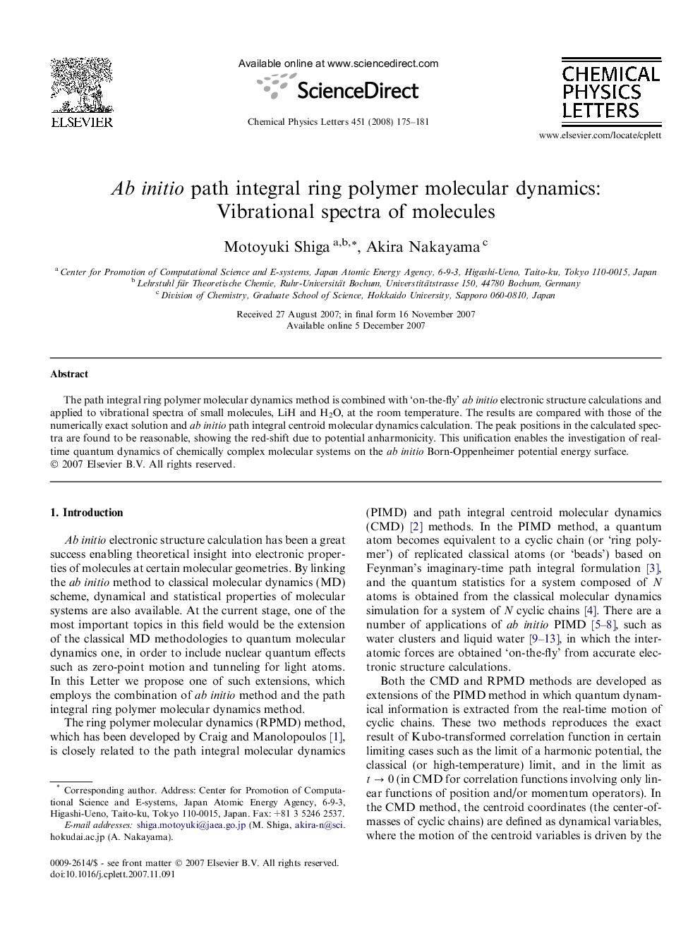 Ab initio path integral ring polymer molecular dynamics: Vibrational spectra of molecules