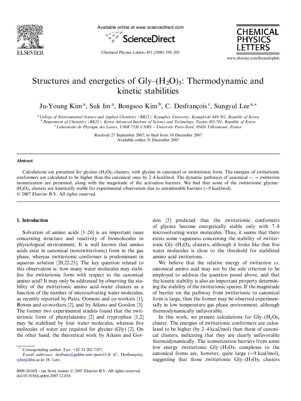 Structures and energetics of Gly-(H2O)5: Thermodynamic and kinetic stabilities