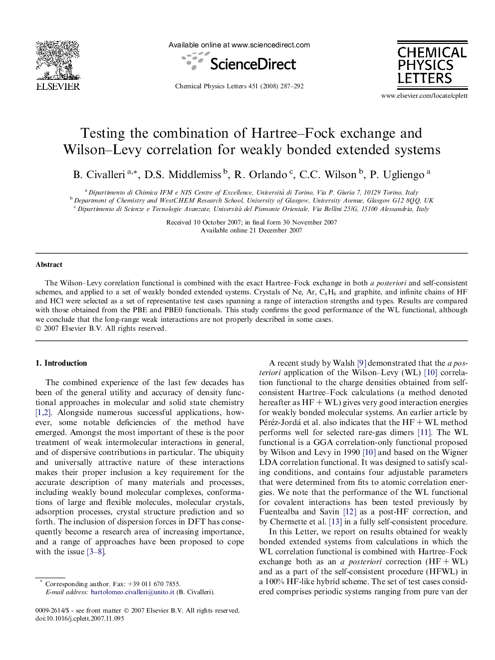Testing the combination of Hartree-Fock exchange and Wilson-Levy correlation for weakly bonded extended systems