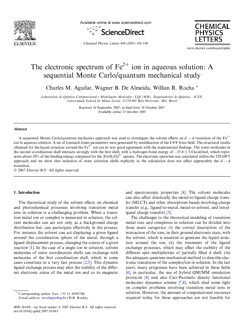 عکس صفحه اول مقاله: The electronic spectrum of Fe2+ ion in aqueous solution: A sequential Monte Carlo/quantum mechanical study The electronic spectrum of Fe2+ ion in aqueous solution: A sequential Monte Carlo/quantum mechanical study