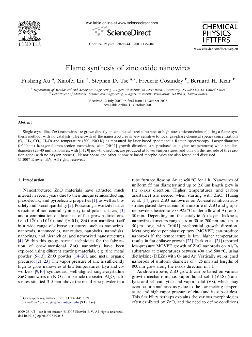 Flame synthesis of zinc oxide nanowires