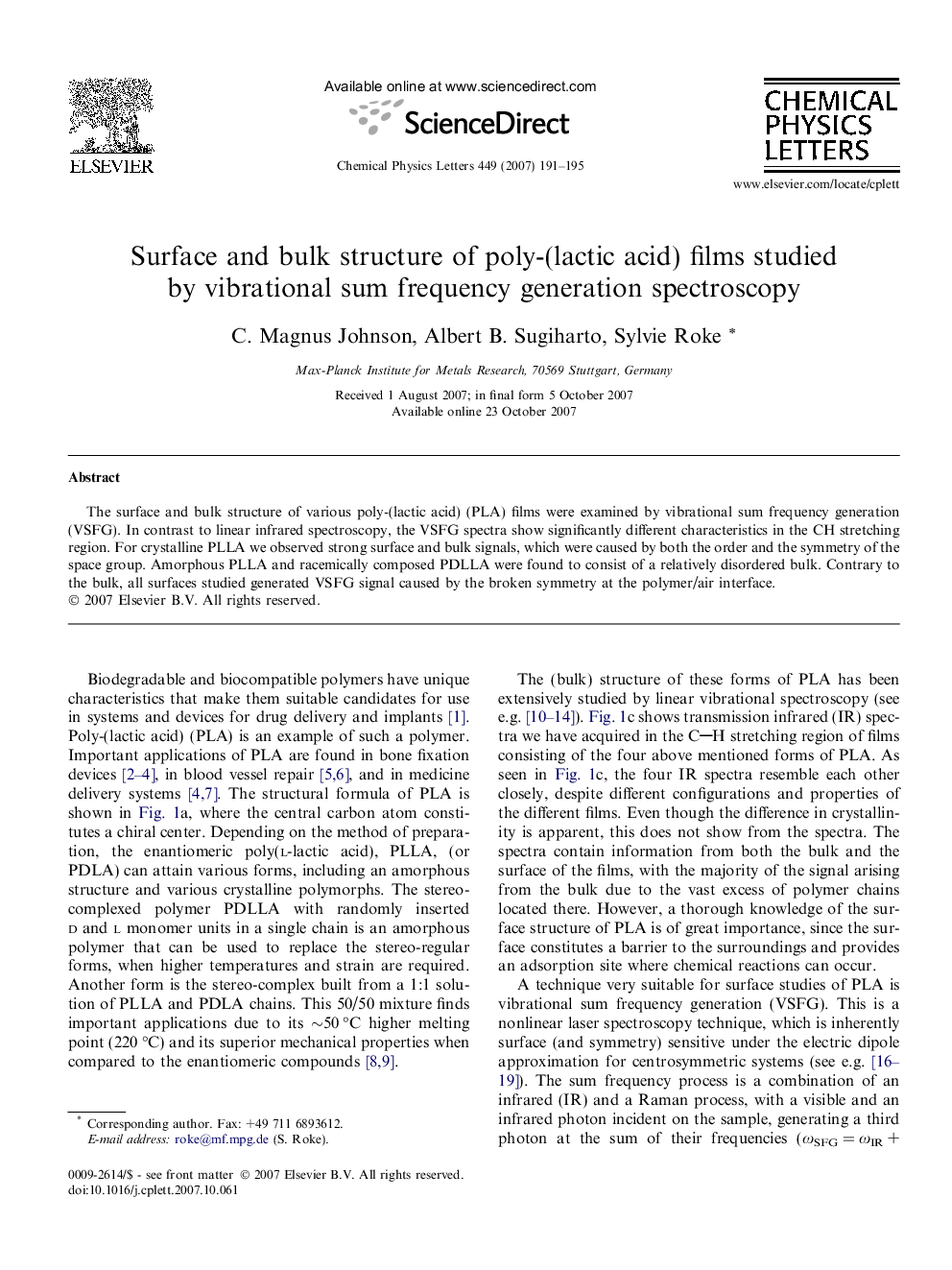 Surface and bulk structure of poly-(lactic acid) films studied by vibrational sum frequency generation spectroscopy
