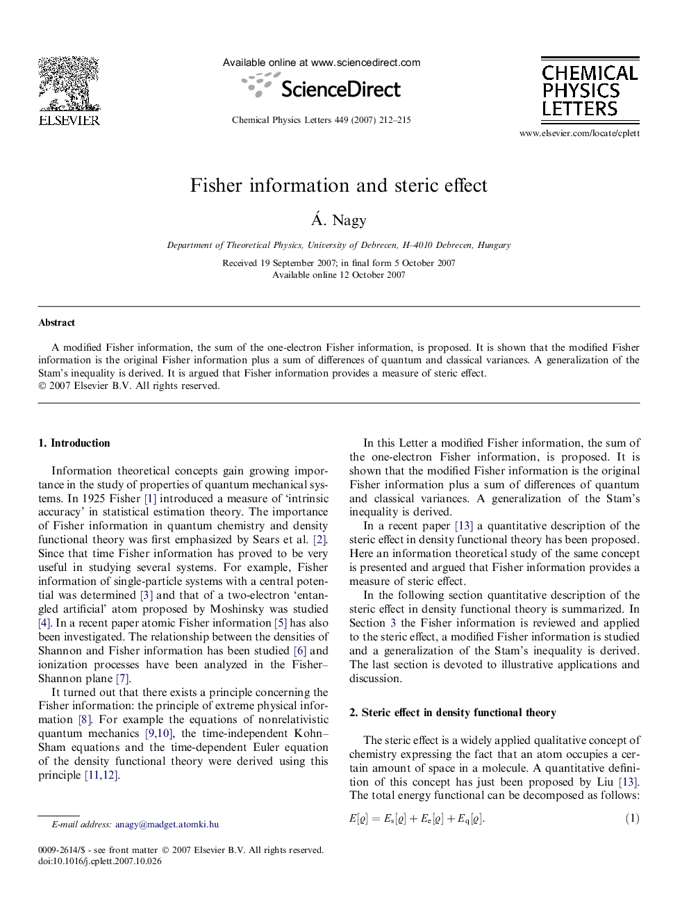 Fisher information and steric effect
