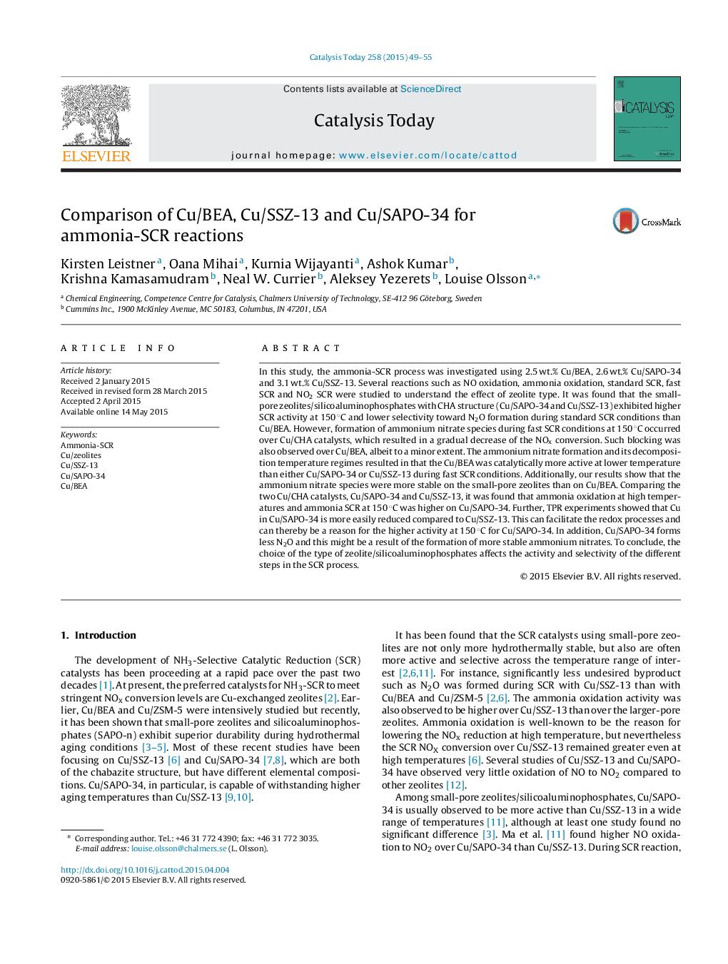 Comparison of Cu/BEA, Cu/SSZ-13 and Cu/SAPO-34 for ammonia-SCR reactions