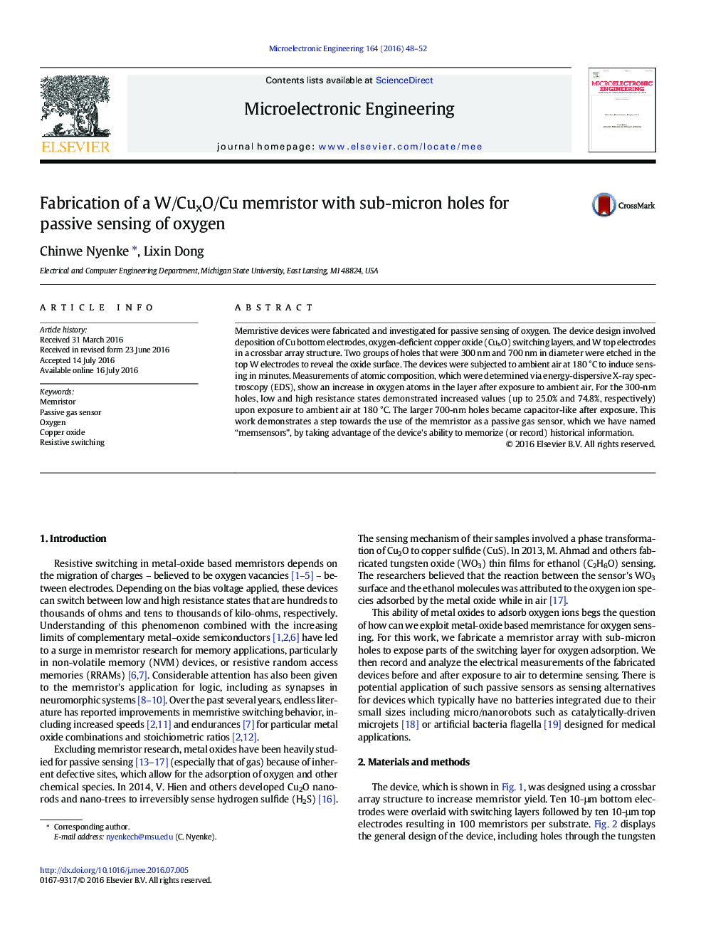 Fabrication of a W/CuxO/Cu memristor with sub-micron holes for passive sensing of oxygen