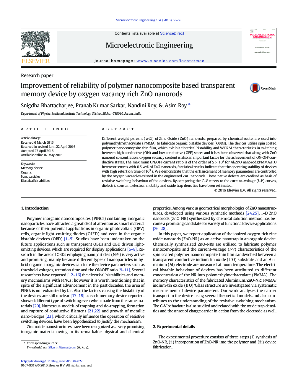 Improvement of reliability of polymer nanocomposite based transparent memory device by oxygen vacancy rich ZnO nanorods