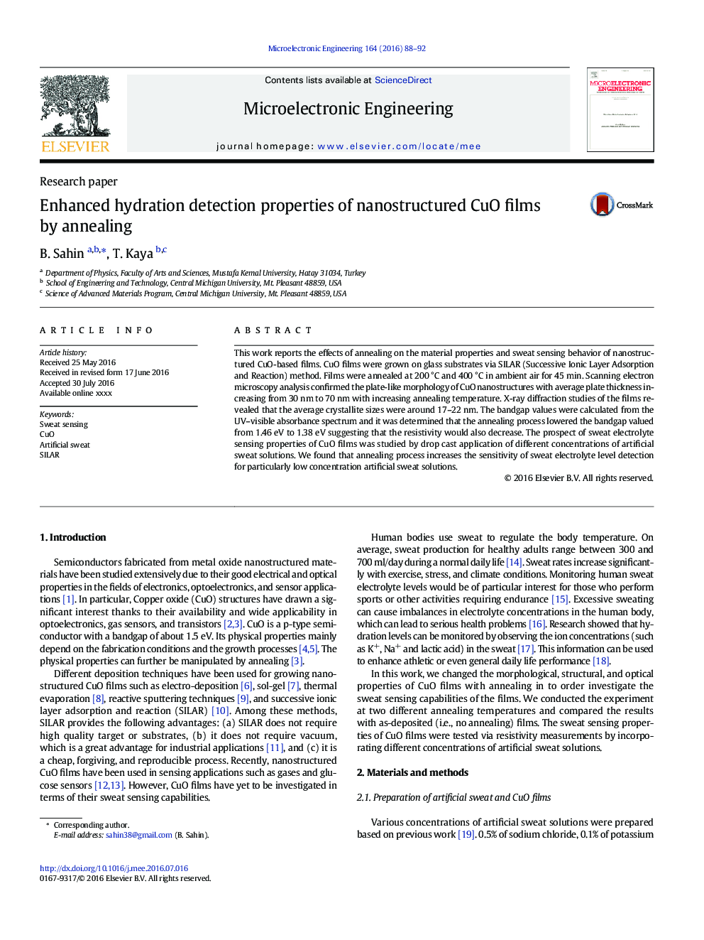 Enhanced hydration detection properties of nanostructured CuO films by annealing