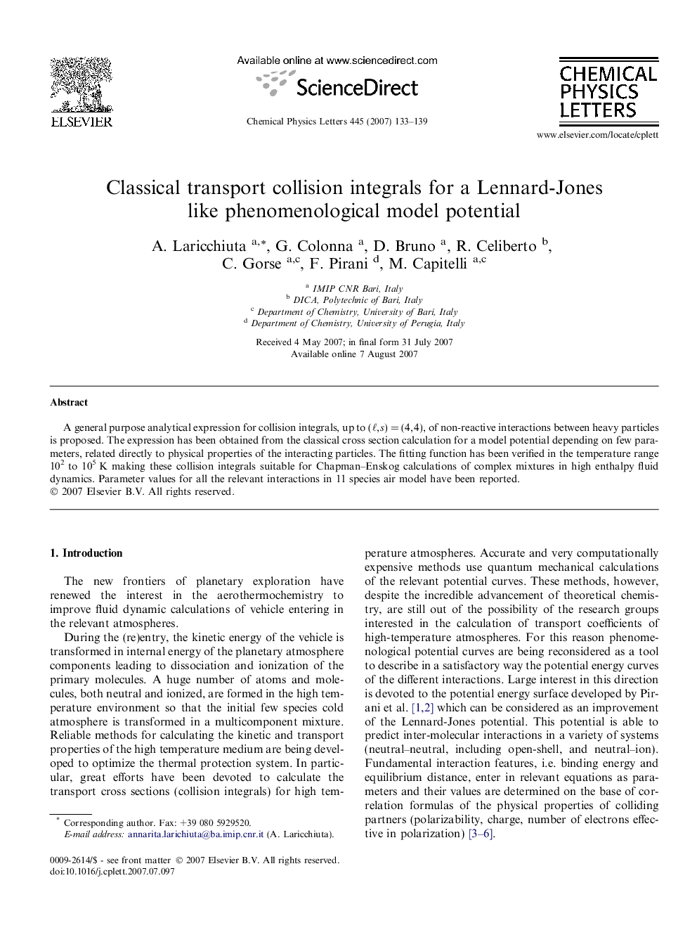 Classical transport collision integrals for a Lennard-Jones like phenomenological model potential