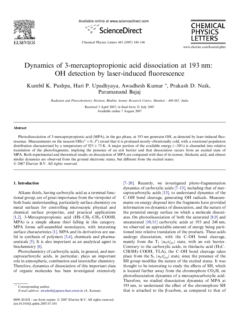 Dynamics of 3-mercaptopropionic acid dissociation at 193Â nm: OH detection by laser-induced fluorescence