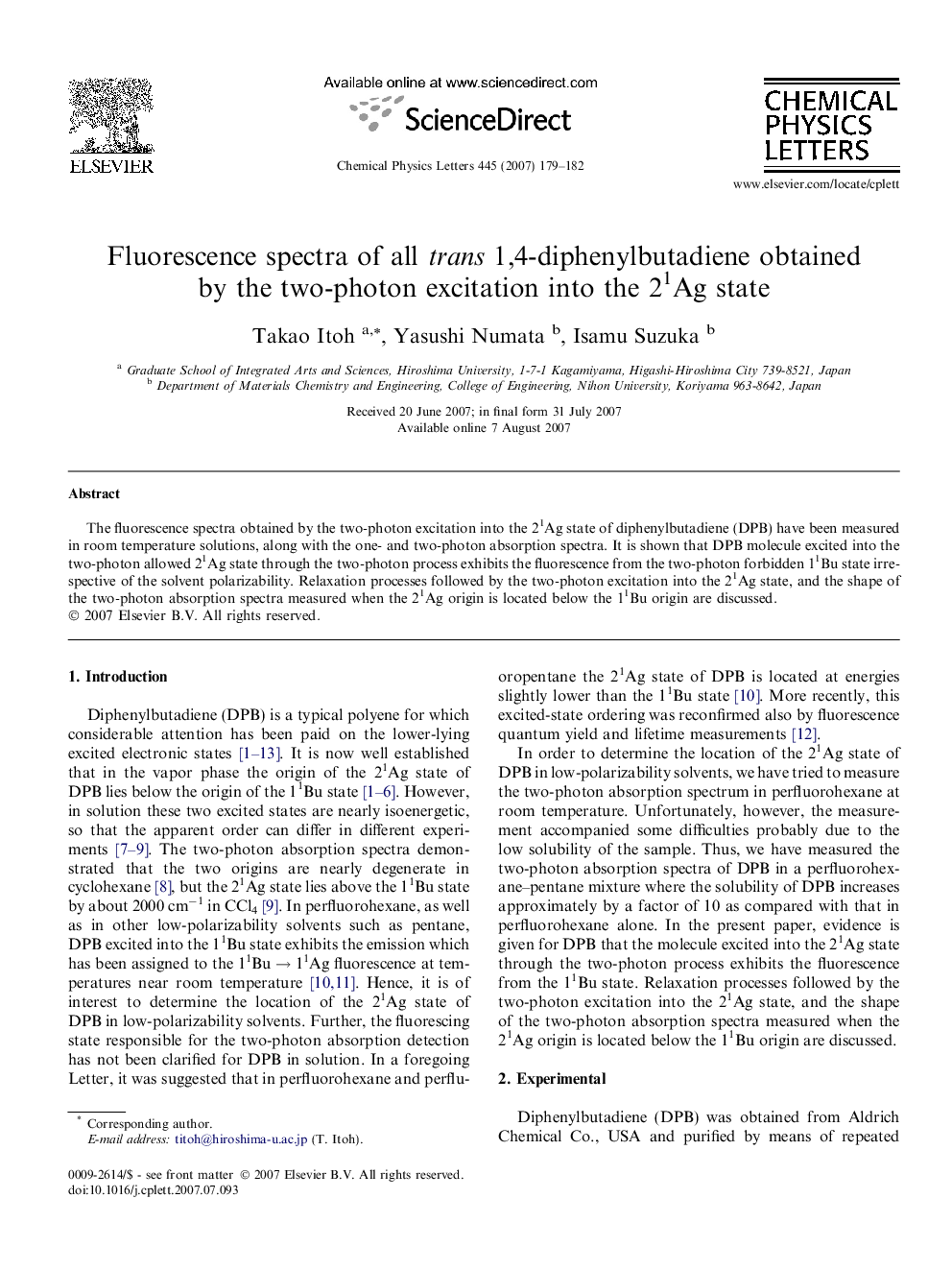 Fluorescence spectra of all trans 1,4-diphenylbutadiene obtained by the two-photon excitation into the 21Ag state