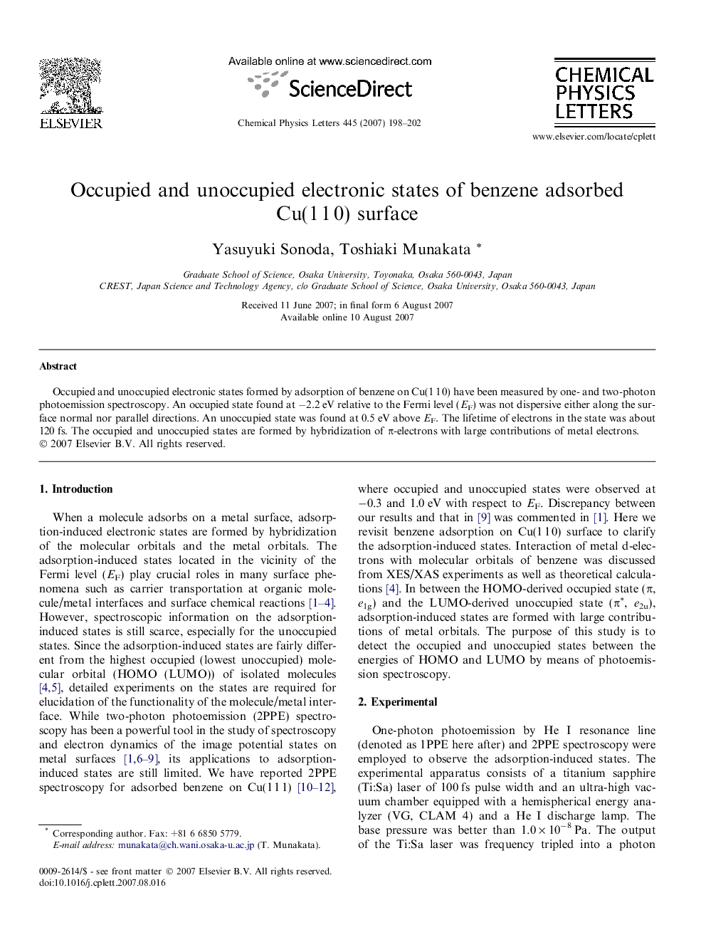 Occupied and unoccupied electronic states of benzene adsorbed Cu(1Â 1Â 0) surface