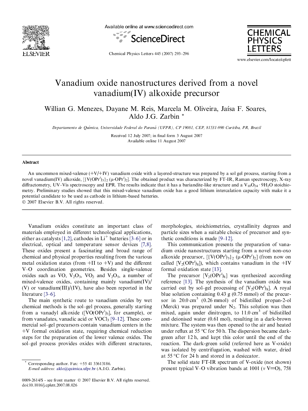 Vanadium oxide nanostructures derived from a novel vanadium(IV) alkoxide precursor