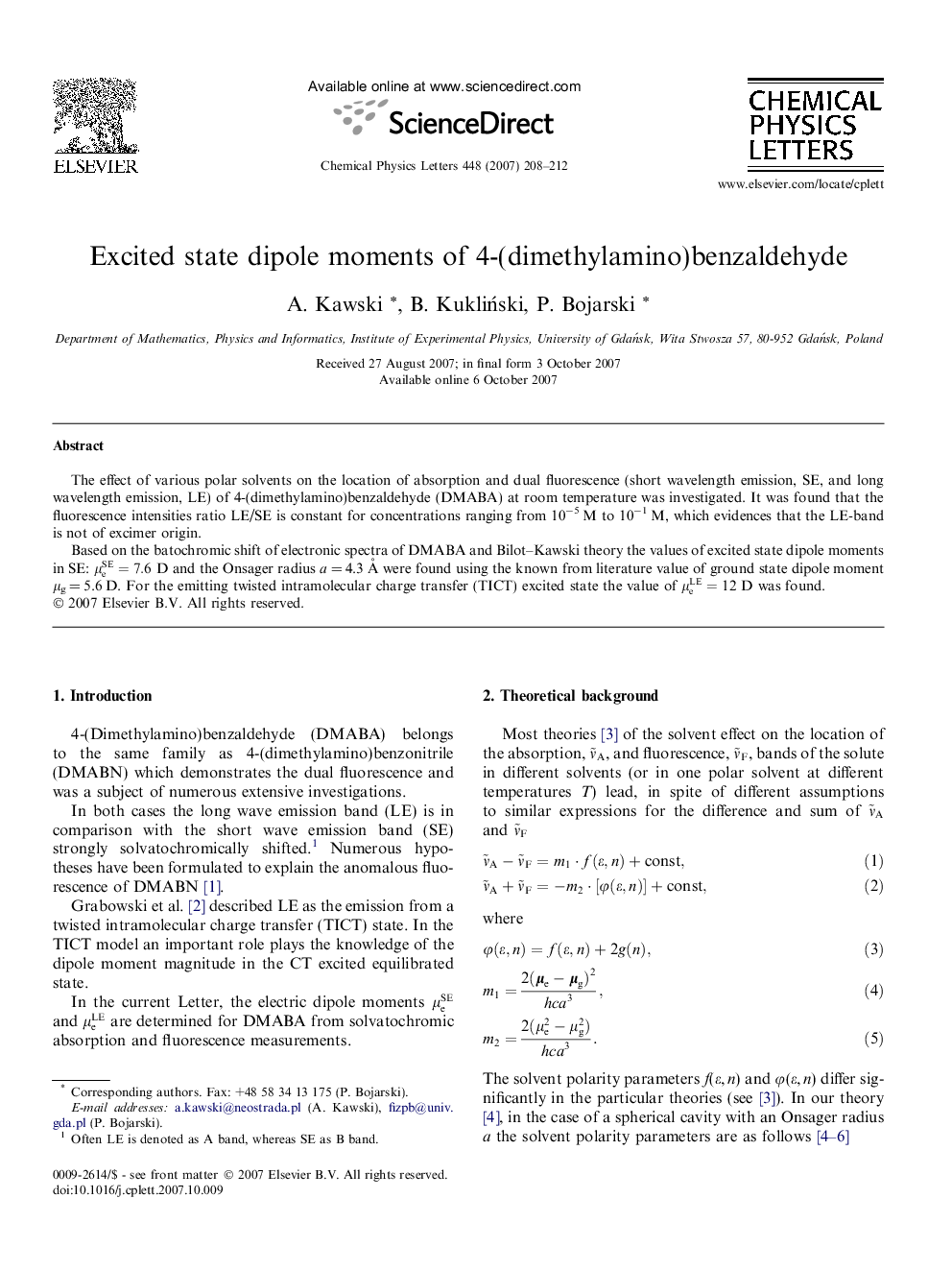 Excited state dipole moments of 4-(dimethylamino)benzaldehyde