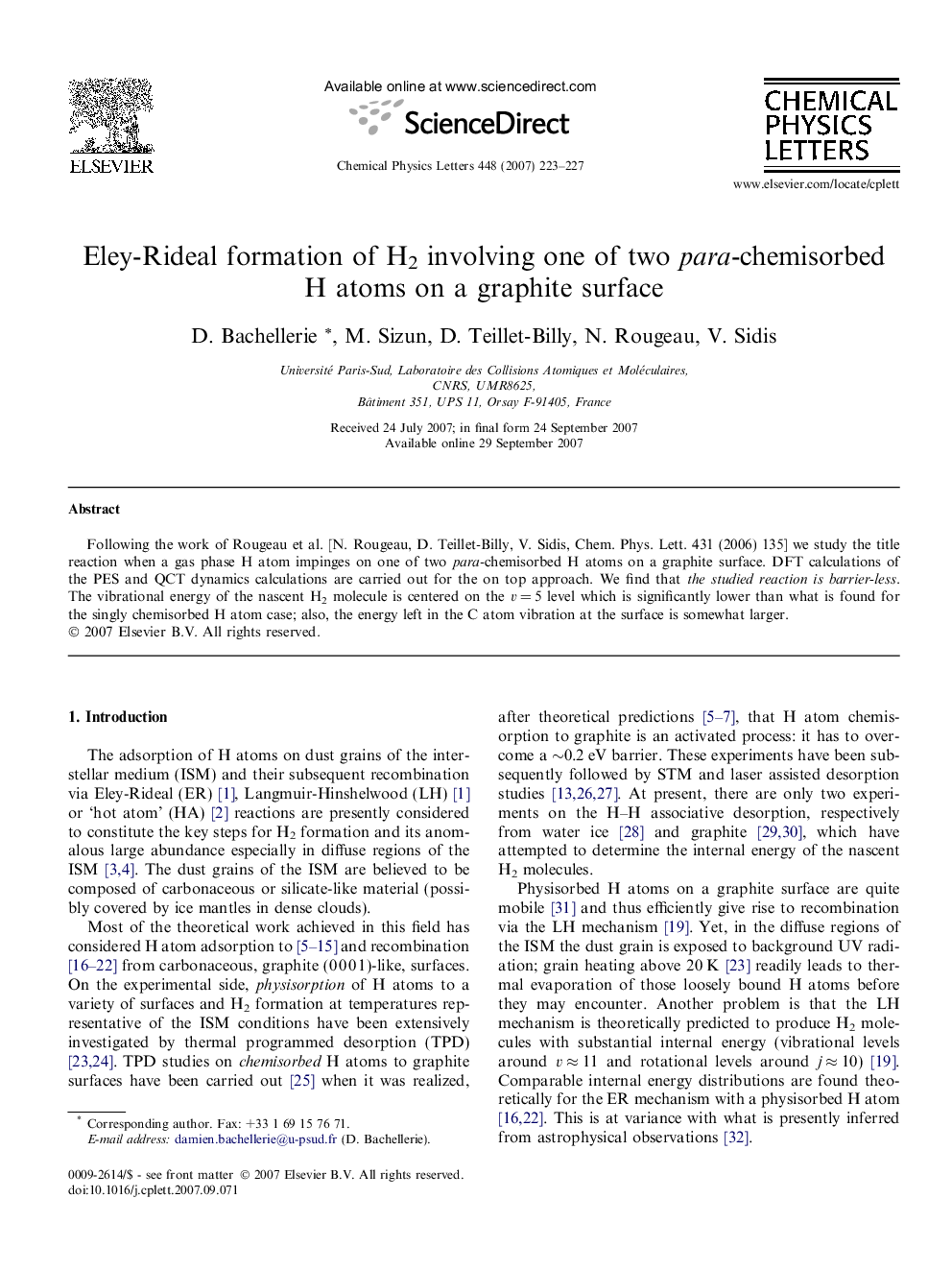 Eley-Rideal formation of H2 involving one of two para-chemisorbed H atoms on a graphite surface