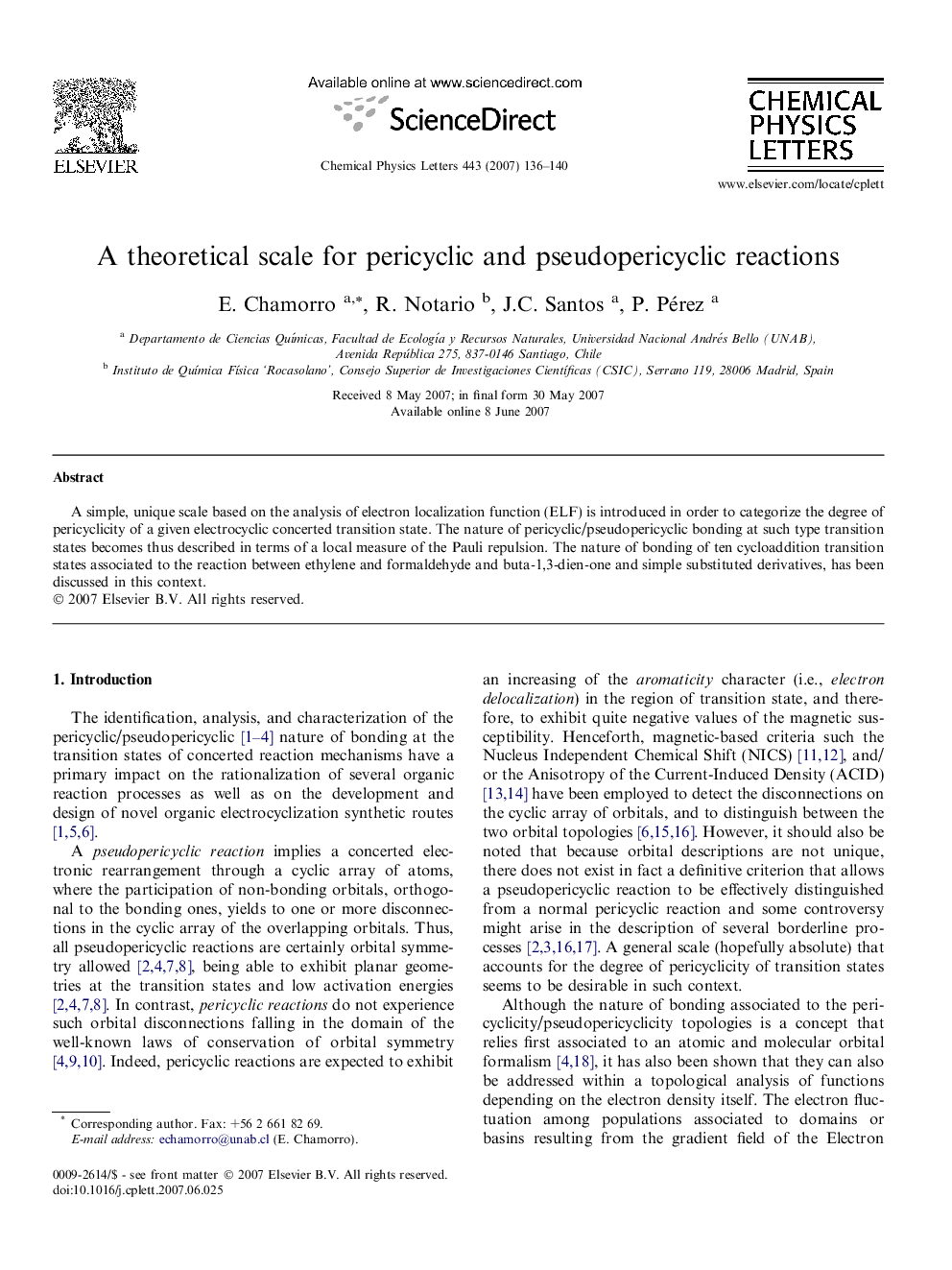 A theoretical scale for pericyclic and pseudopericyclic reactions