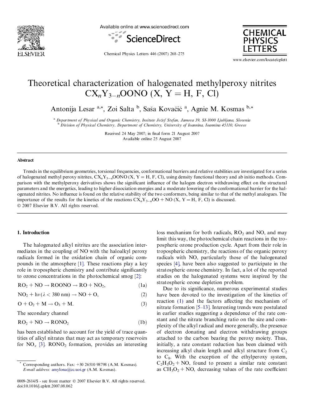 Theoretical characterization of halogenated methylperoxy nitrites CXnY3ânOONO (X, YÂ =Â H, F, Cl)