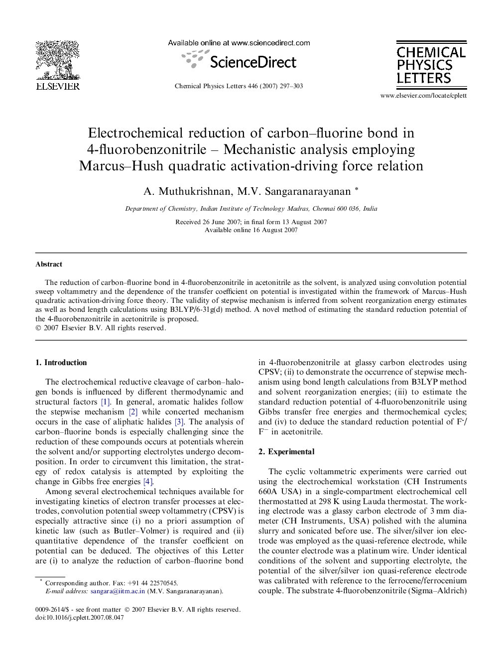 Electrochemical reduction of carbon-fluorine bond in 4-fluorobenzonitrile - Mechanistic analysis employing Marcus-Hush quadratic activation-driving force relation