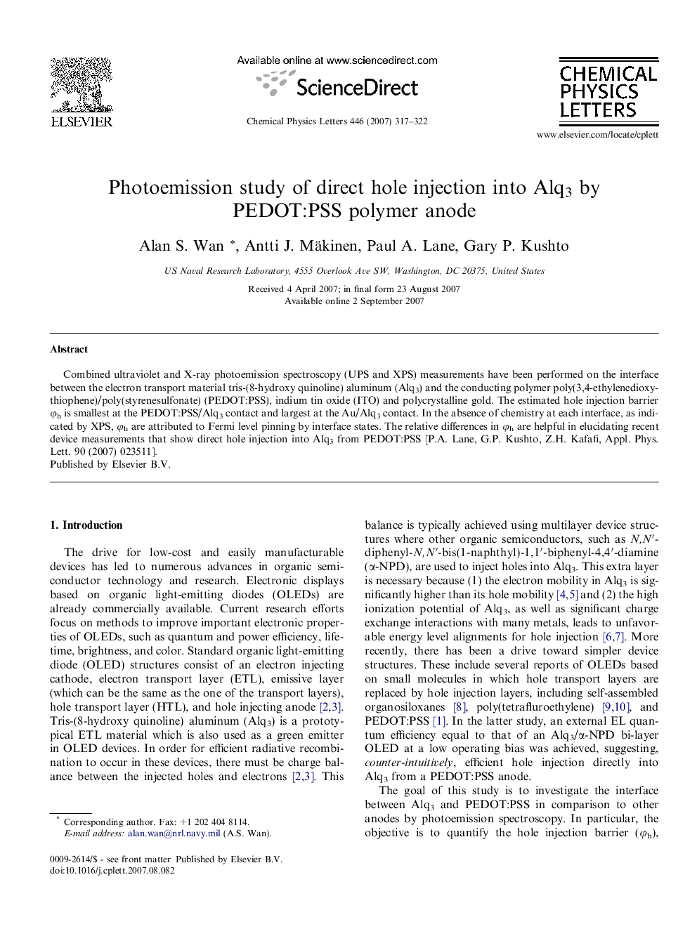 Photoemission study of direct hole injection into Alq3 by PEDOT:PSS polymer anode