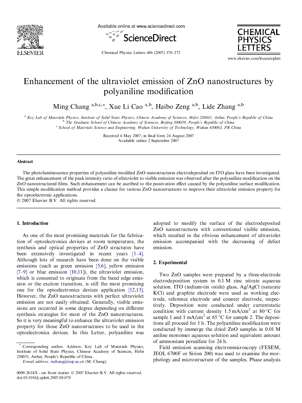 Enhancement of the ultraviolet emission of ZnO nanostructures by polyaniline modification