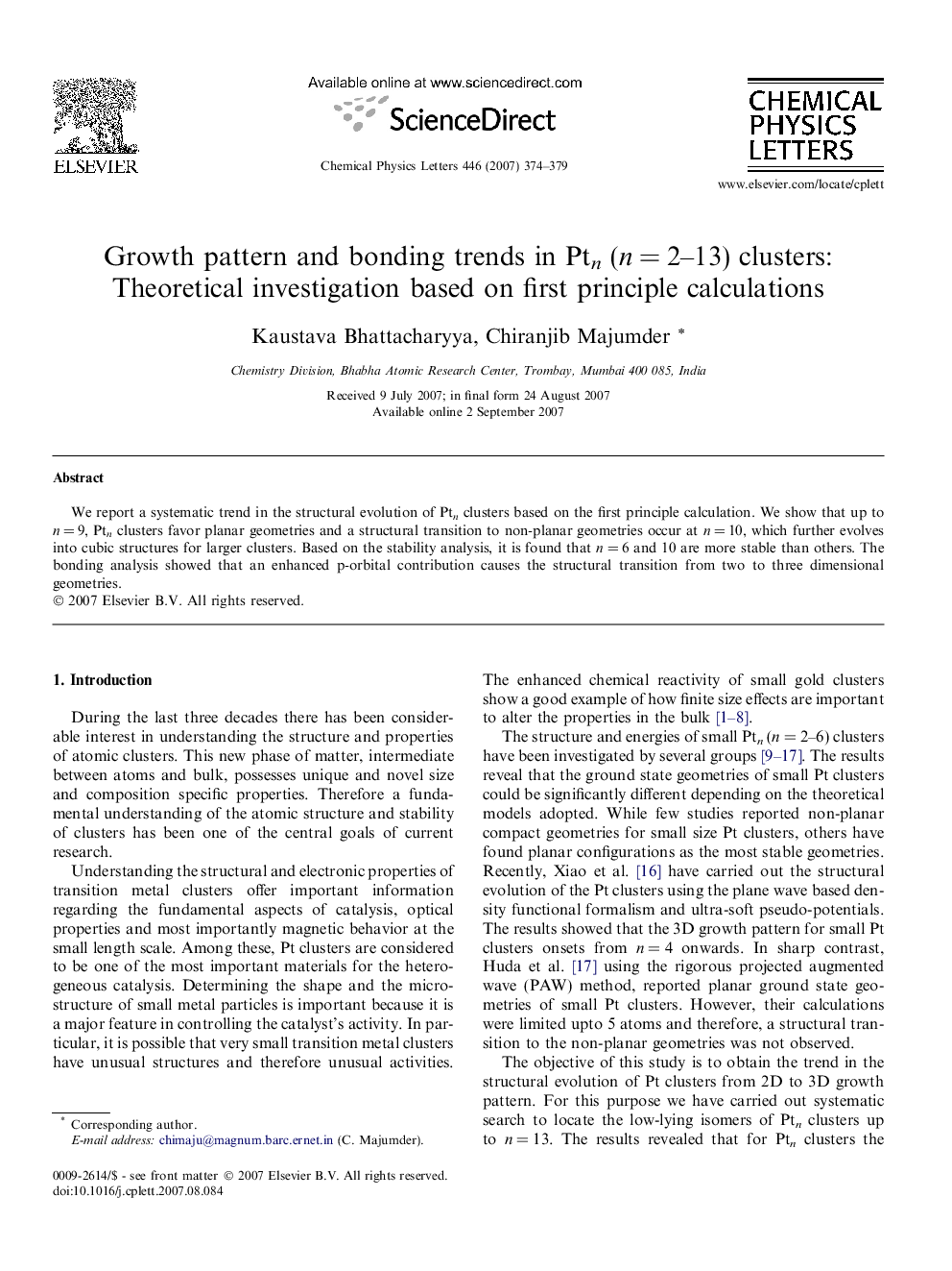 Growth pattern and bonding trends in Ptn (nÂ =Â 2-13) clusters: Theoretical investigation based on first principle calculations
